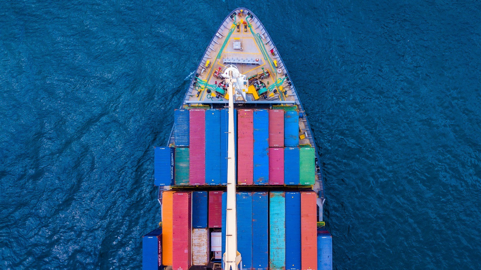 Aerial view of a container ship at sea
