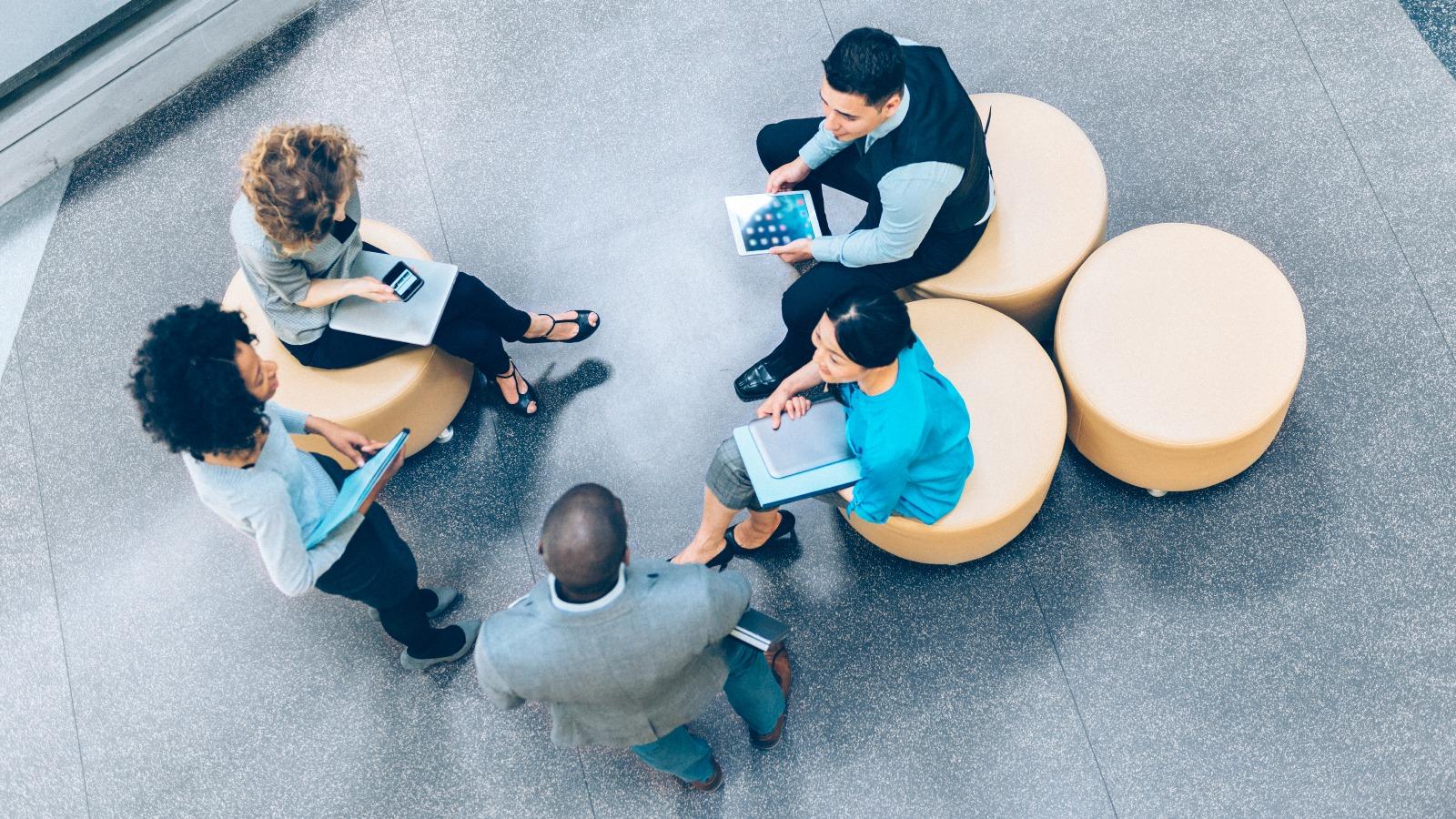 Overhead view of business people in a meeting